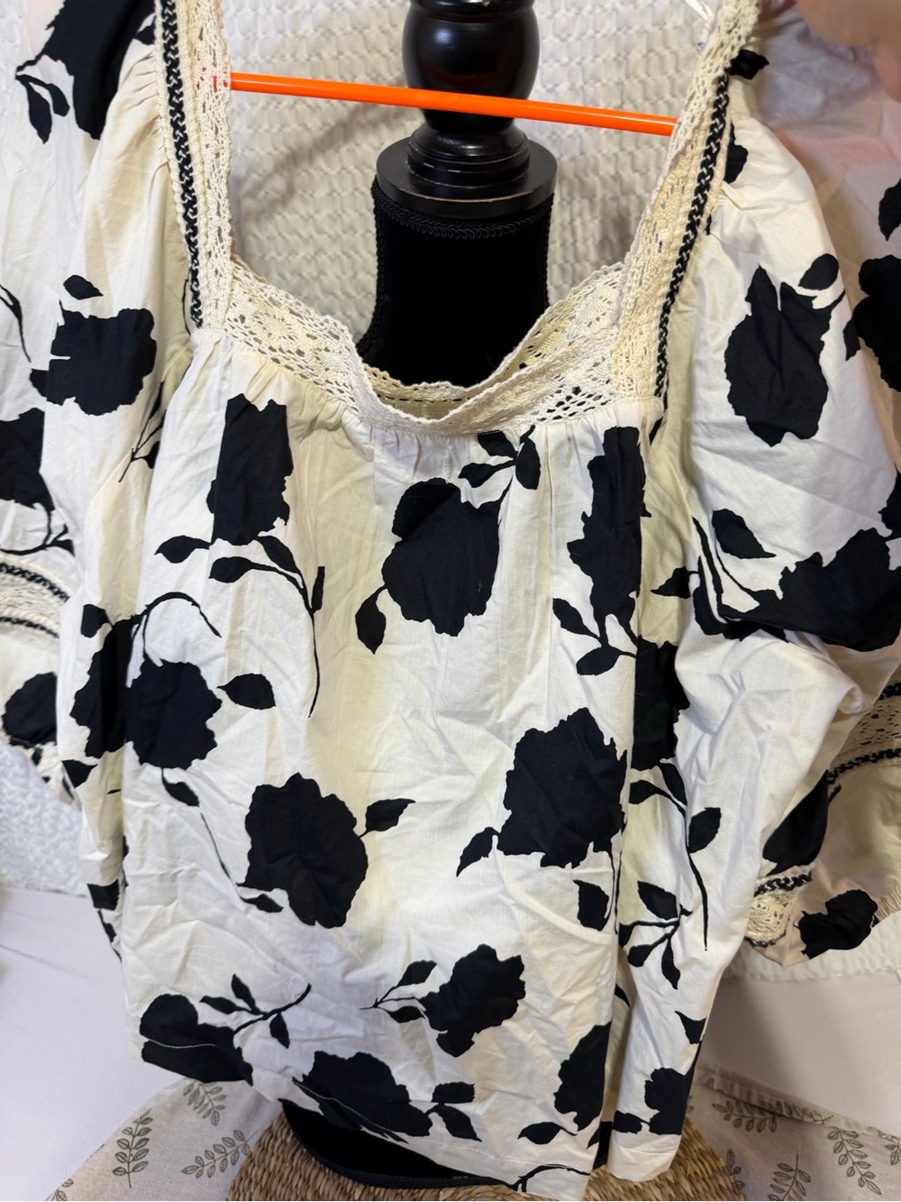 Maurices Black & White Floral Peasant Tunic with Crochet Trim